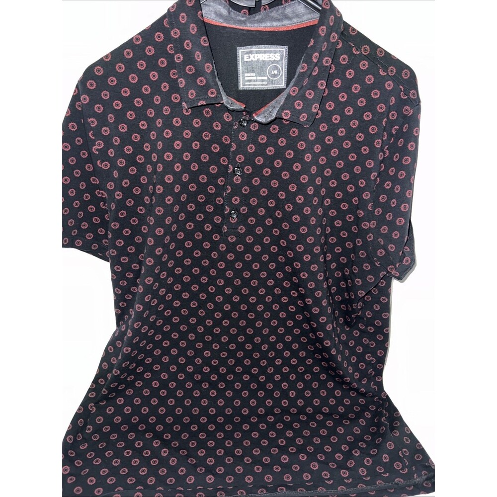 Express brand black polo With a red geometric dot pattern L/G